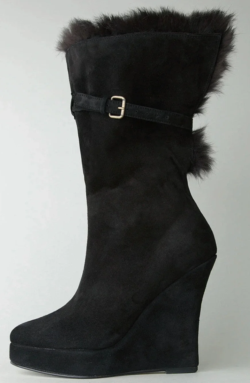 OPENING CEREMONY 2 In 1 Black Suede Fur Buckle Wedge Tall Ankle Boots 37 6.5